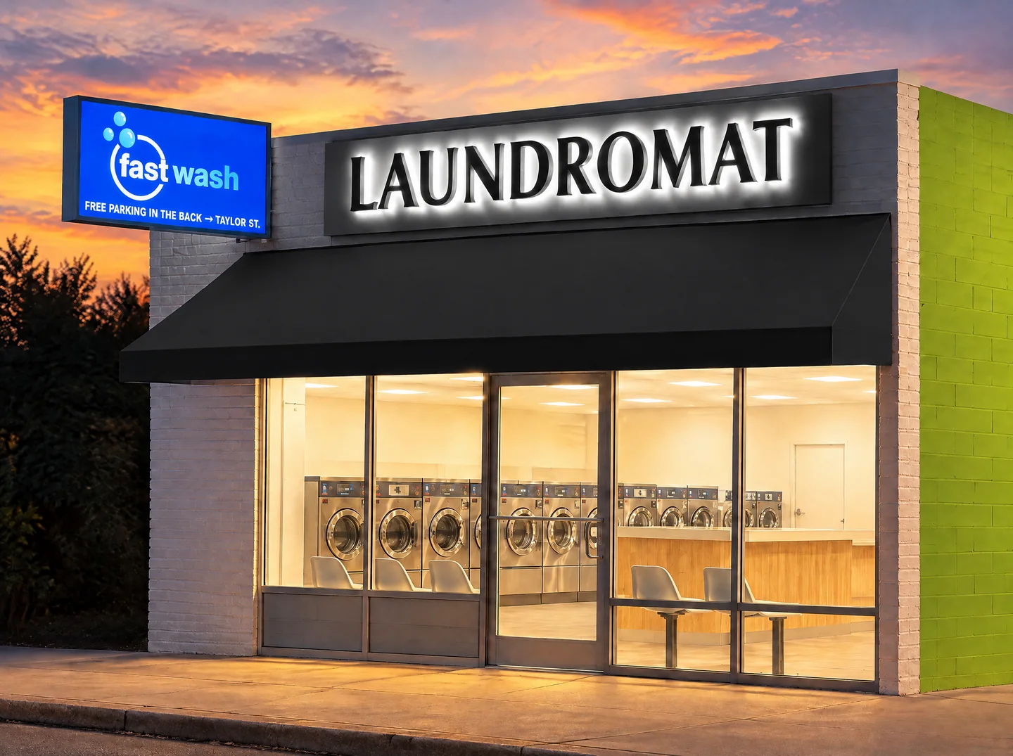 La fachada de Fast Wash Laundry en Central Avenue, Alameda: toldo negro y letrero iluminado de LAUNDROMAT