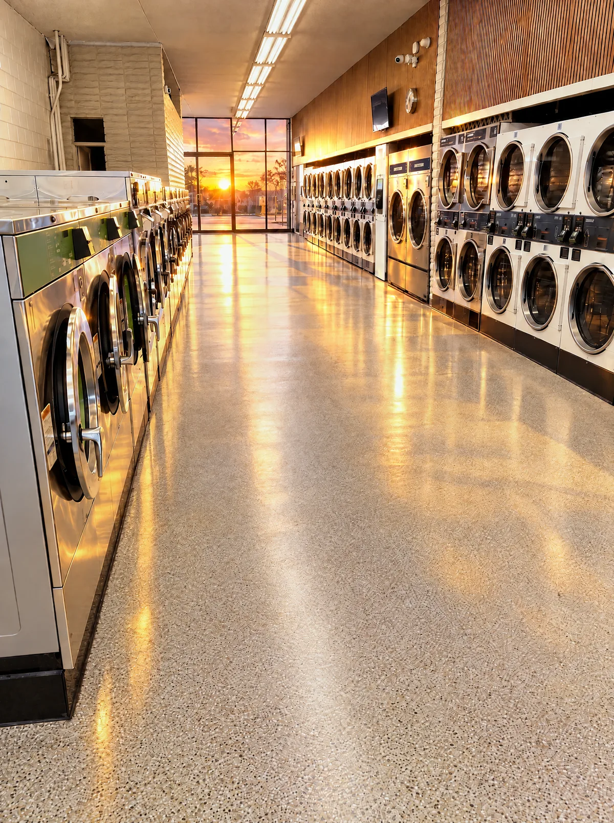 Dentro de Fast Wash Laundry en Alameda: un pasillo largo y amplio con filas de lavadoras y secadoras grandes