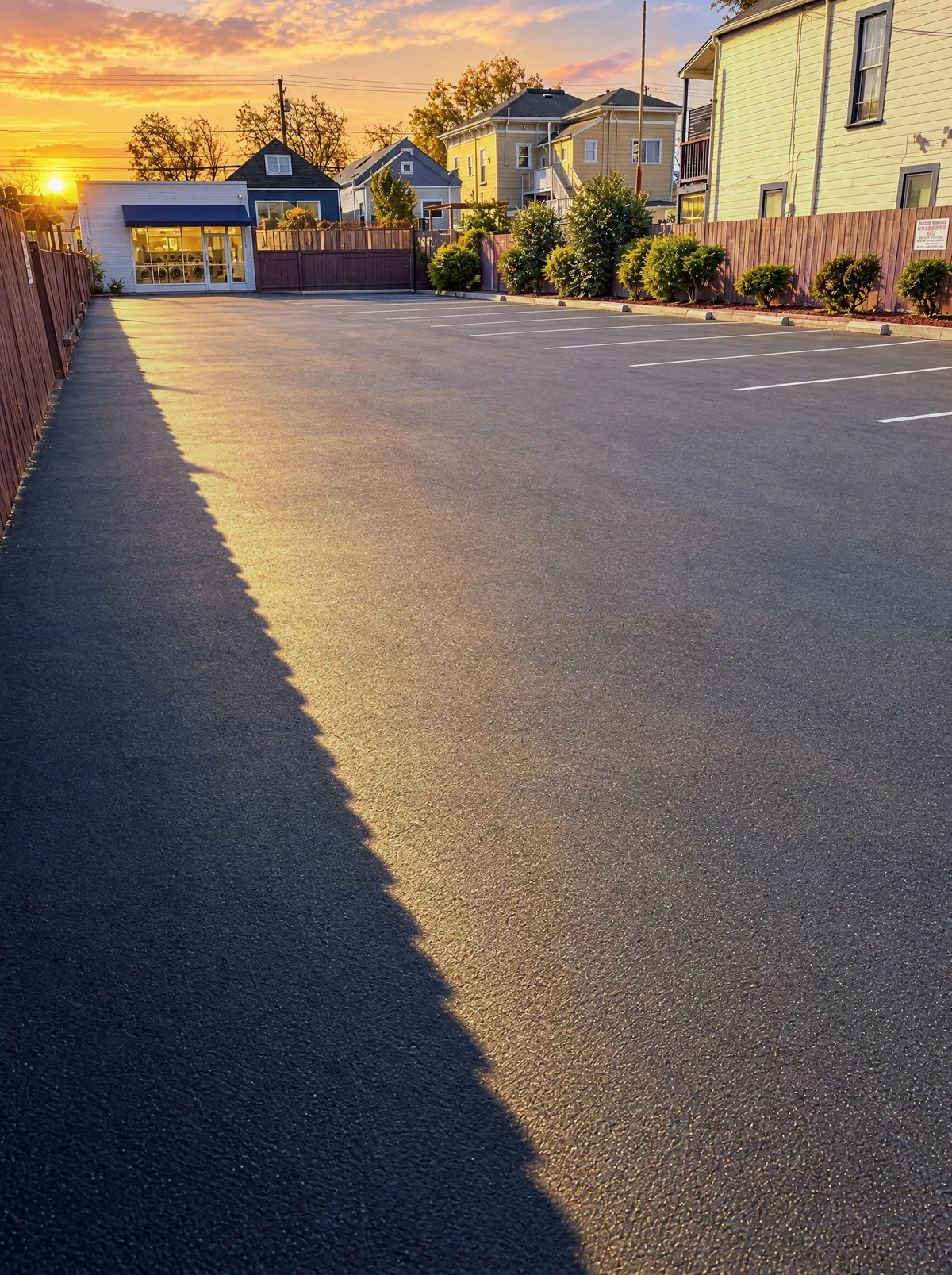 El estacionamiento privado y gratuito de la lavandería, detrás del edificio en Taylor Street, al atardecer